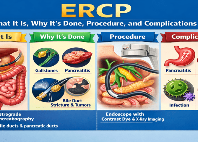 A detailed ERCP image showing the side-viewing endoscope and bile duct anatomy.