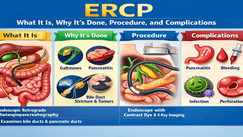 A detailed ERCP image showing the side-viewing endoscope and bile duct anatomy.