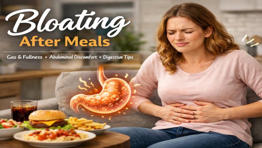 A person experiencing bloating after meals and stomach tightness, representing digestive discomfort.