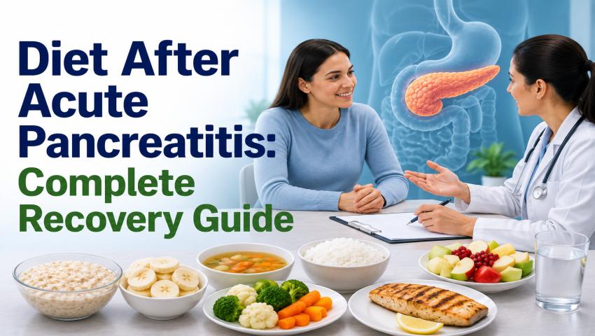 Diet after acute pancreatitis showing low-fat foods, lean protein, fruits, vegetables, and a healthy meal plan for pancreas recovery