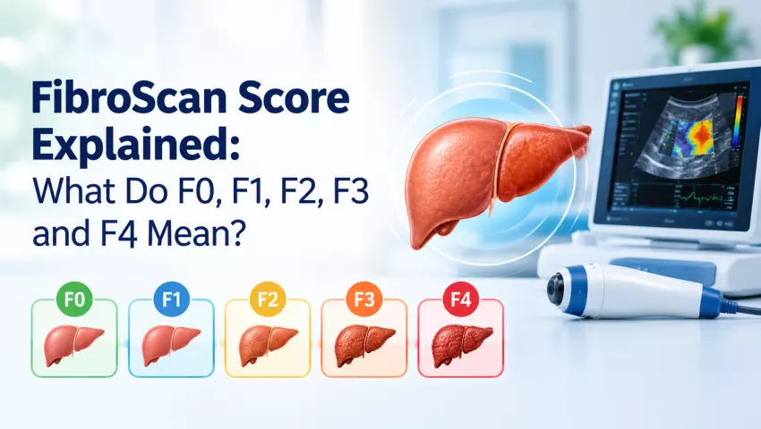 FibroScan score chart showing F0 to F4 liver fibrosis stages and liver stiffness levels